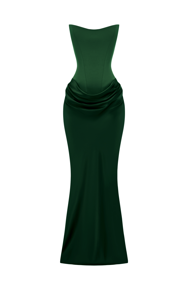 Groene korsetjurk met watervalrok los gepresenteerd op witte achtergrond zonder model 36