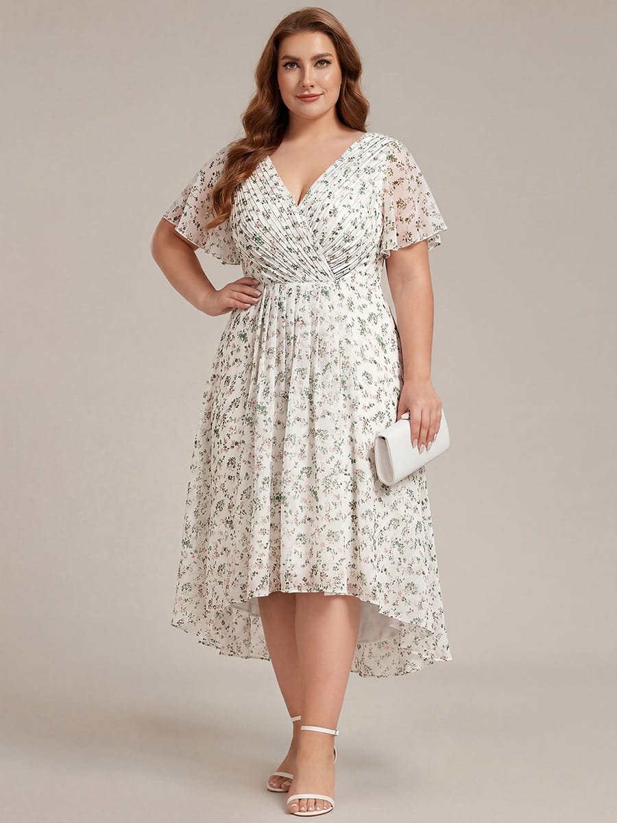 Chiffon feestjurk voor bruiloftsgast met V-hals en korte mouwen 171