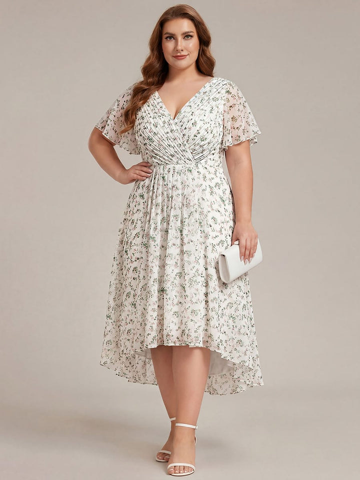 Chiffon feestjurk voor bruiloftsgast met V-hals en korte mouwen 171