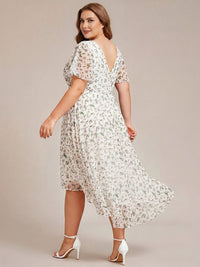 Chiffon feestjurk voor bruiloftsgast met V-hals en korte mouwen 172