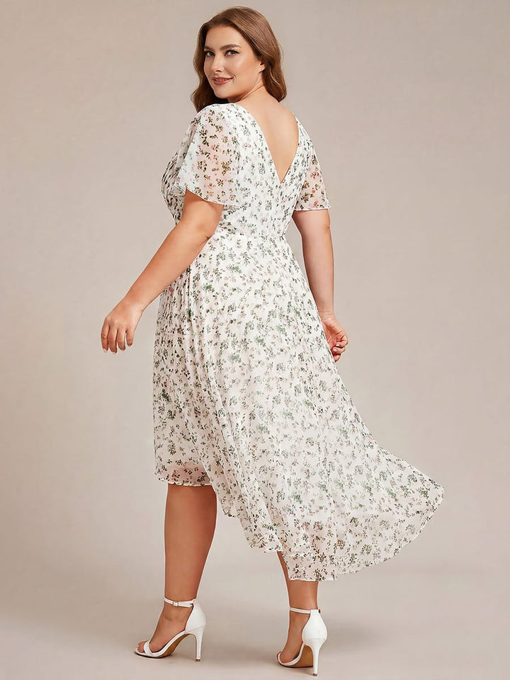 Chiffon feestjurk voor bruiloftsgast met V-hals en korte mouwen 172