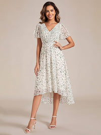 Chiffon feestjurk voor bruiloftsgast met V-hals en korte mouwen 168