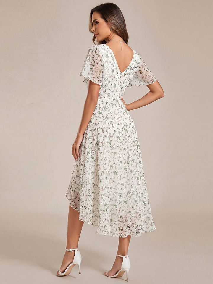 Chiffon feestjurk voor bruiloftsgast met V-hals en korte mouwen 169