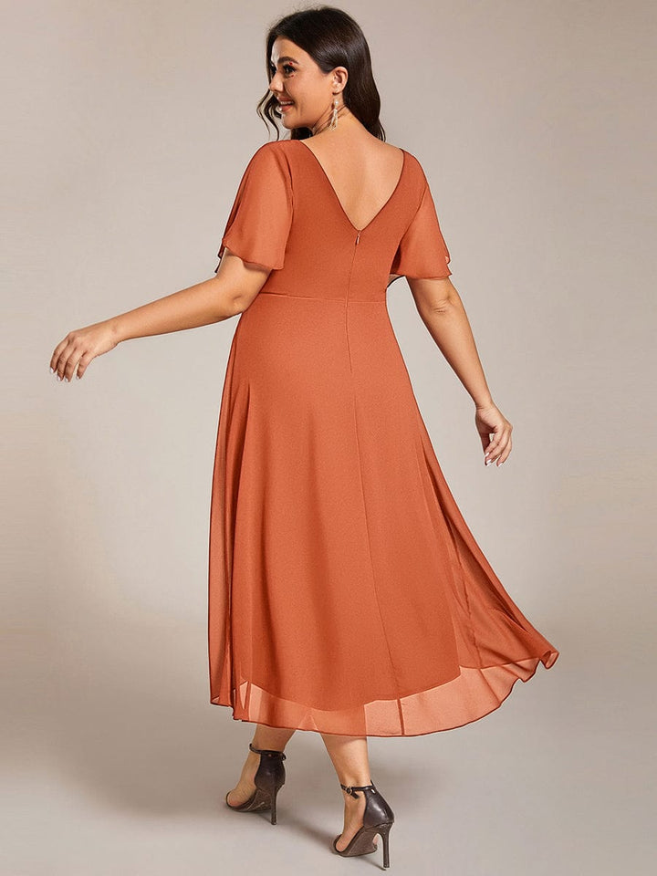 Chiffon feestjurk voor bruiloftsgast met V-hals en korte mouwen 166