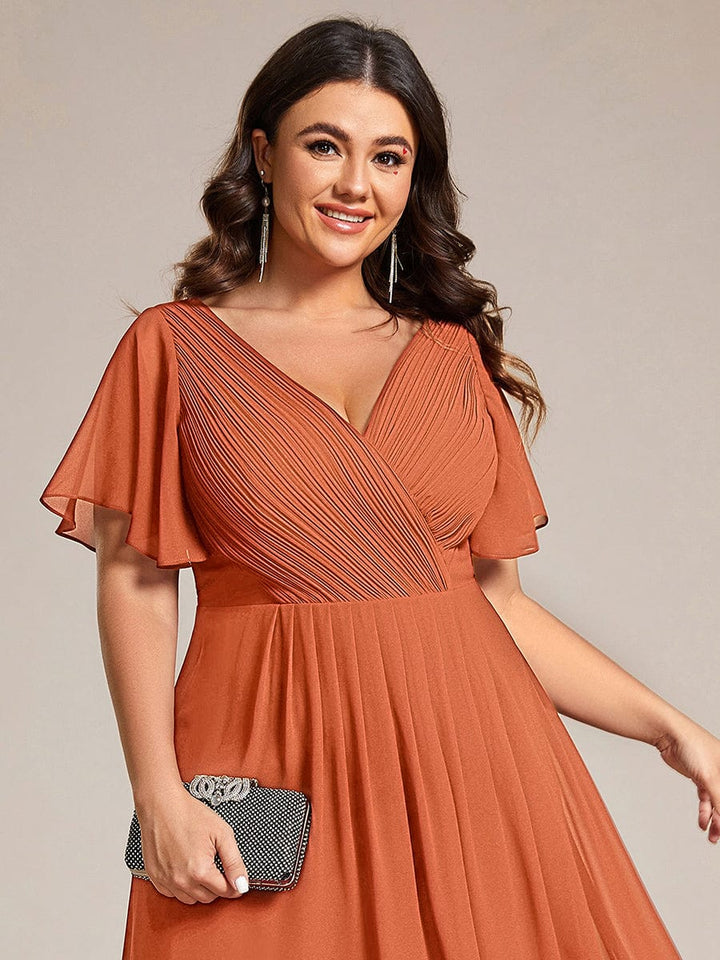 Chiffon feestjurk voor bruiloftsgast met V-hals en korte mouwen 167