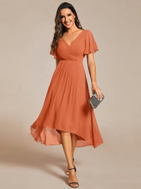 Chiffon feestjurk voor bruiloftsgast met V-hals en korte mouwen 162