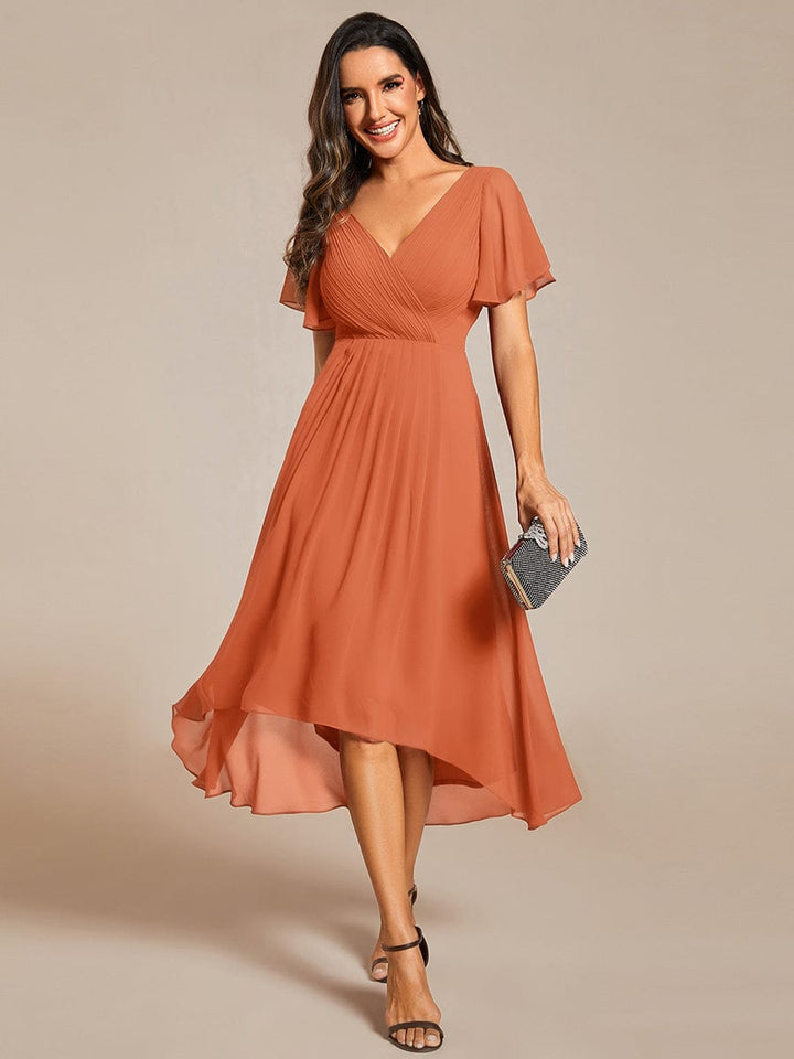 Chiffon feestjurk voor bruiloftsgast met V-hals en korte mouwen 162