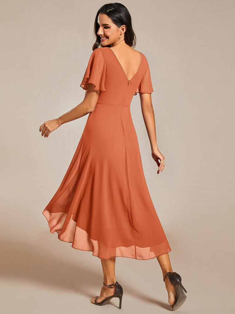 Chiffon feestjurk voor bruiloftsgast met V-hals en korte mouwen 163