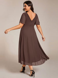 Chiffon feestjurk voor bruiloftsgast met V-hals en korte mouwen 160