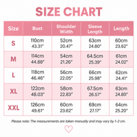 Maattabel met borstomvang, schouderbreedte, mouwlengte en lengte voor de maten S tot en met XXL, in centimeters en inches. 9