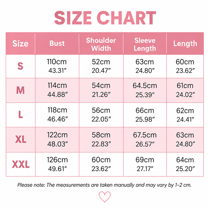 Maattabel met borstomvang, schouderbreedte, mouwlengte en lengte voor de maten S tot en met XXL, in centimeters en inches. 9