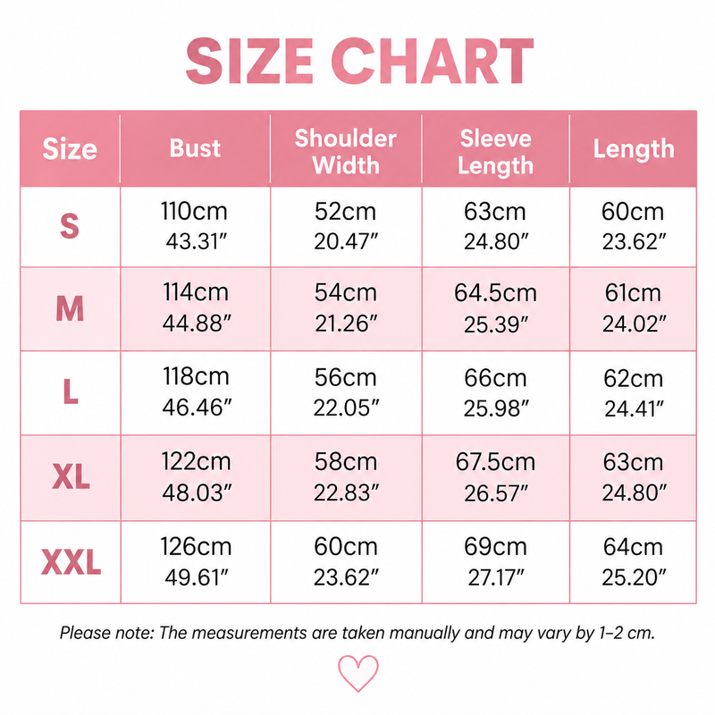 Maattabel met borstomvang, schouderbreedte, mouwlengte en lengte voor de maten S tot en met XXL, in centimeters en inches. 9