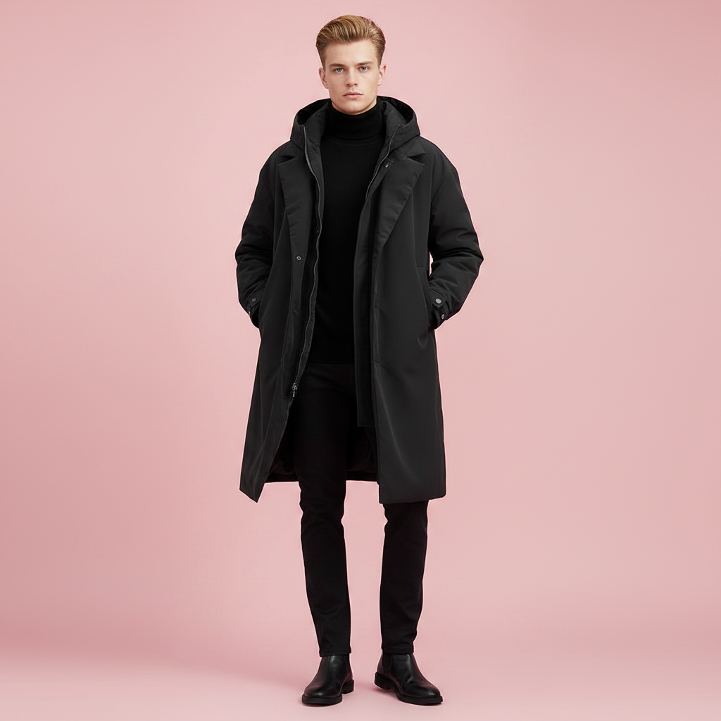 Model in zwarte lange jas met capuchon, zwarte coltrui, zwarte broek en laarsjes, handen in de zakken, tegen roze achtergrond. 3