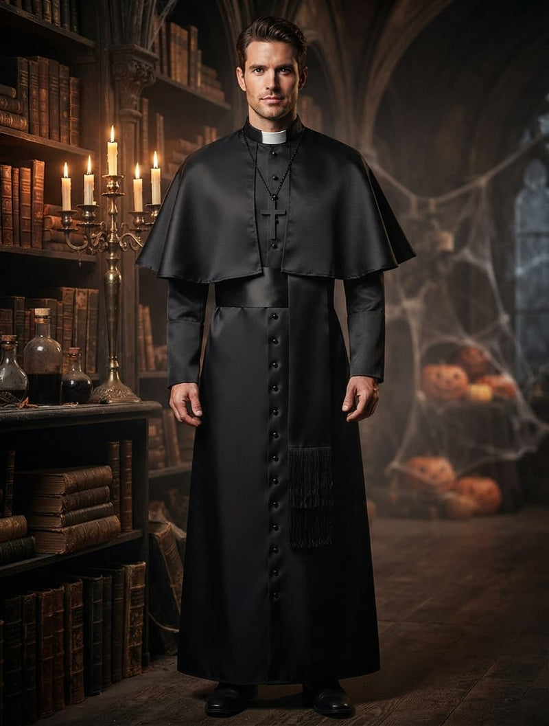 Man in zwart priesterkostuum met cape en kruisketting, tussen kaarsen, boeken en pompoenen in een spookachtige bibliotheek 1