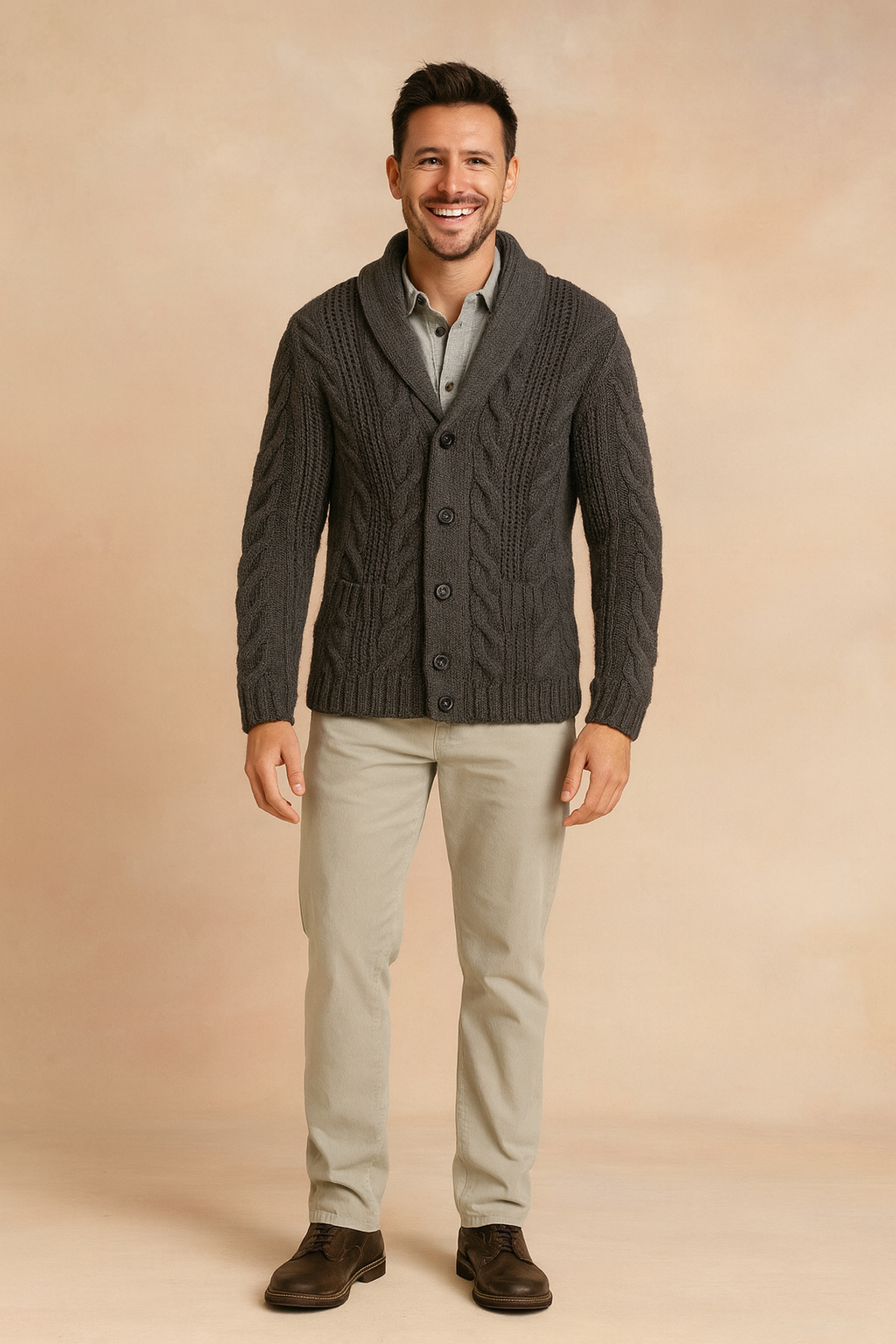Volledig lichaamsbeeld van een man in het donkergrijze kabelvest met knoopsluiting, beige broek en bruine leren veterschoenen. 6