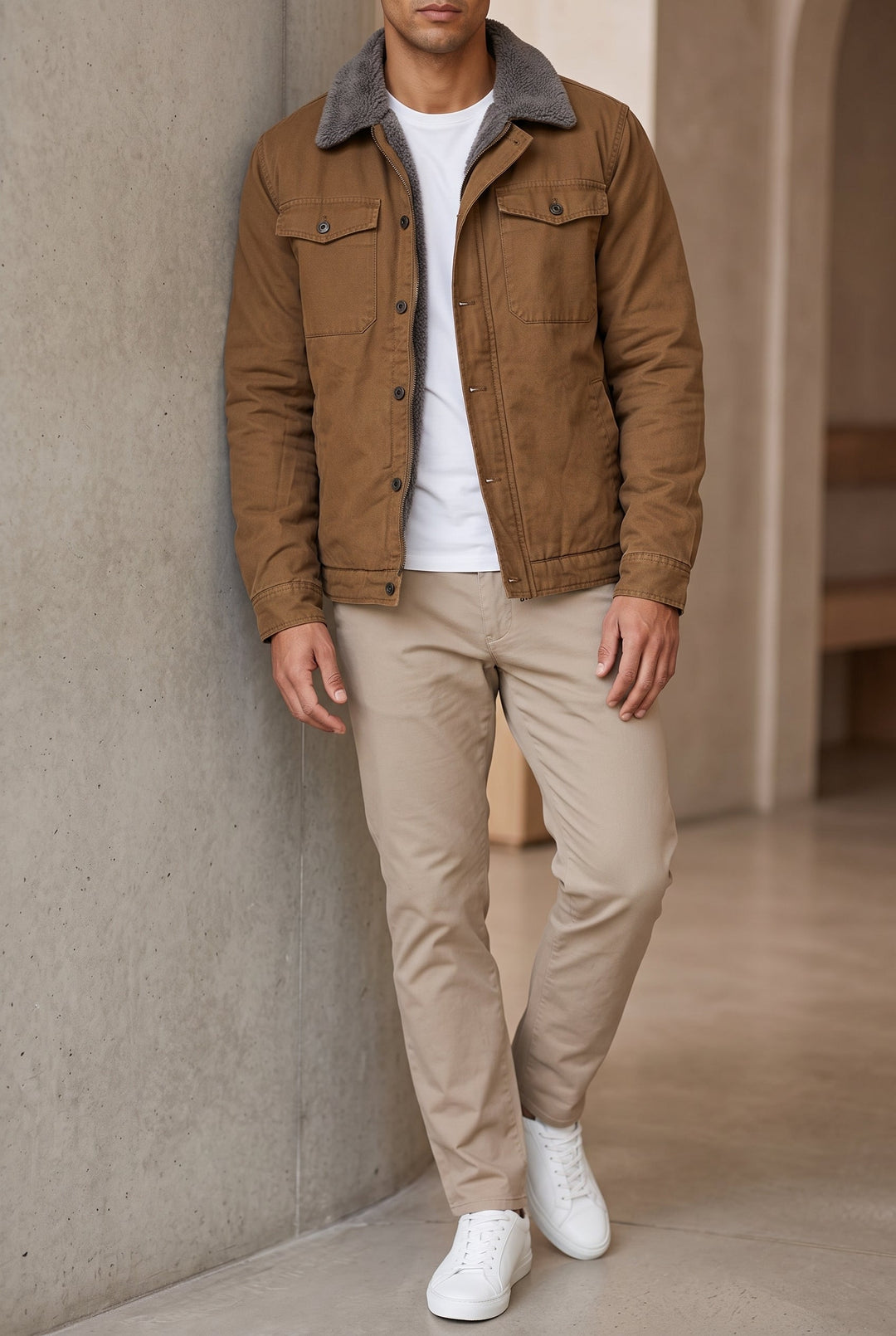 Man draagt de bruine jack met grijze fleecekraag over wit shirt, beige broek en witte sneakers 2