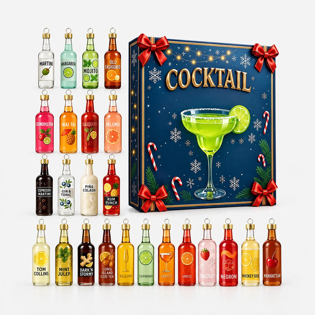 Alle vierentwintig flesjes in rijen op een witte achtergrond, naast de blauwe cadeaudoos met rode strikken, sneeuwvlokken en een cocktailglas. 2
