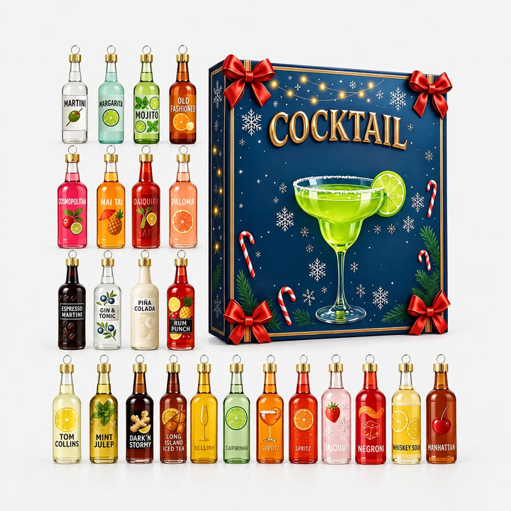 Alle vierentwintig flesjes in rijen op een witte achtergrond, naast de blauwe cadeaudoos met rode strikken, sneeuwvlokken en een cocktailglas. 2