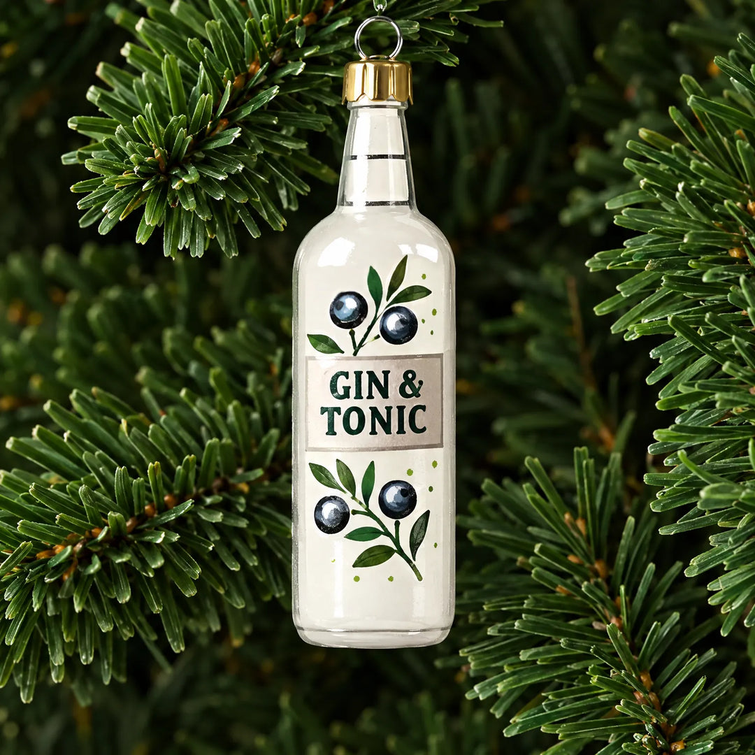 Close-up van één doorzichtig flesje met gouden dopje en blauwe bessen, aan een metalen oogje in een groene dennentak. 3