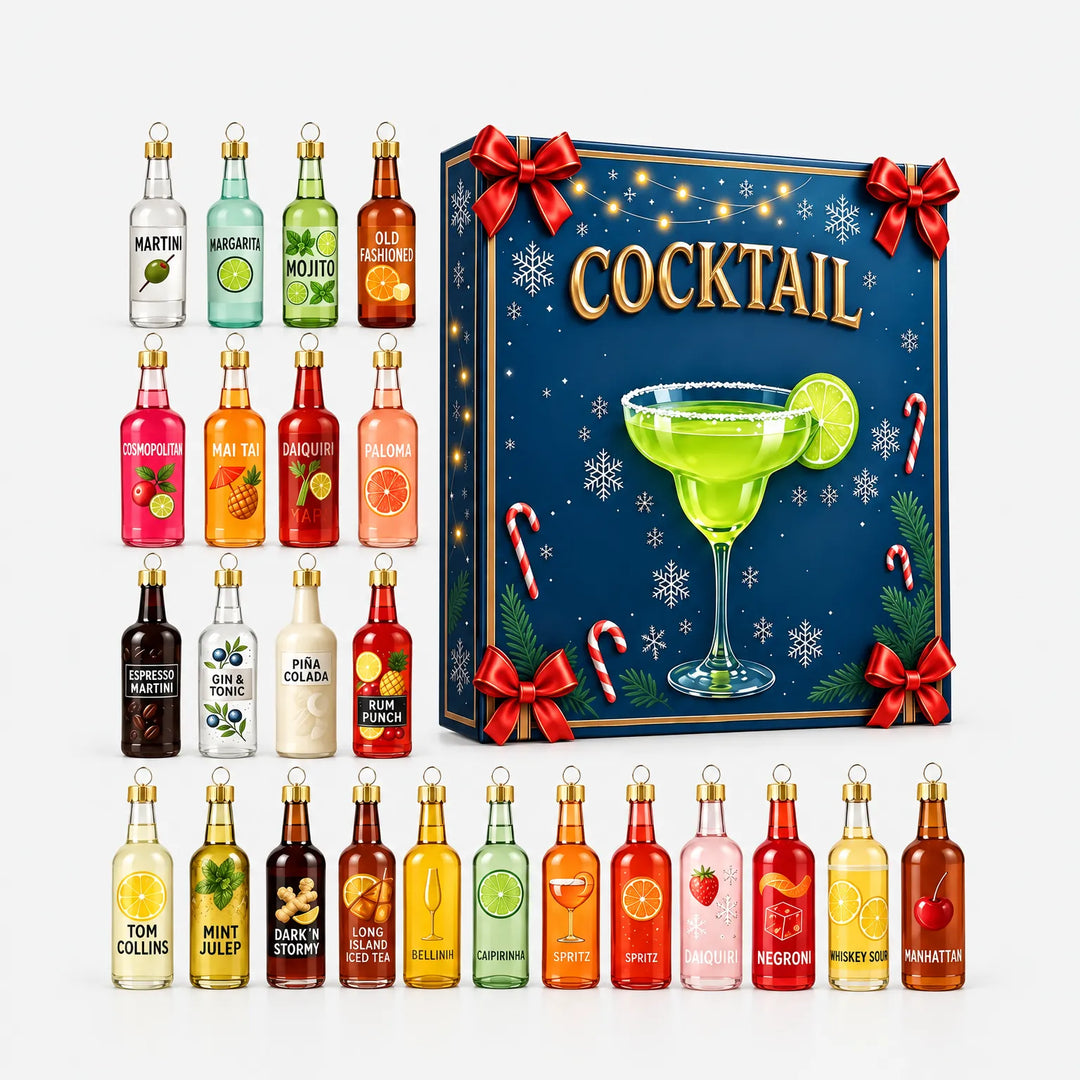 Productfoto van de vierentwintig verschillende flesjes naast de blauwe geschenkverpakking met rode strikken, zuckerstokken en een groen cocktailglas. 4