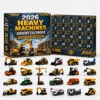 Blauwe adventskalender met gele waarschuwingsstrepen en 24 vakjes, met daaronder zware bouwvoertuigen: graafmachines, kranen, kiepwagens, betonmixers en wals. 10
