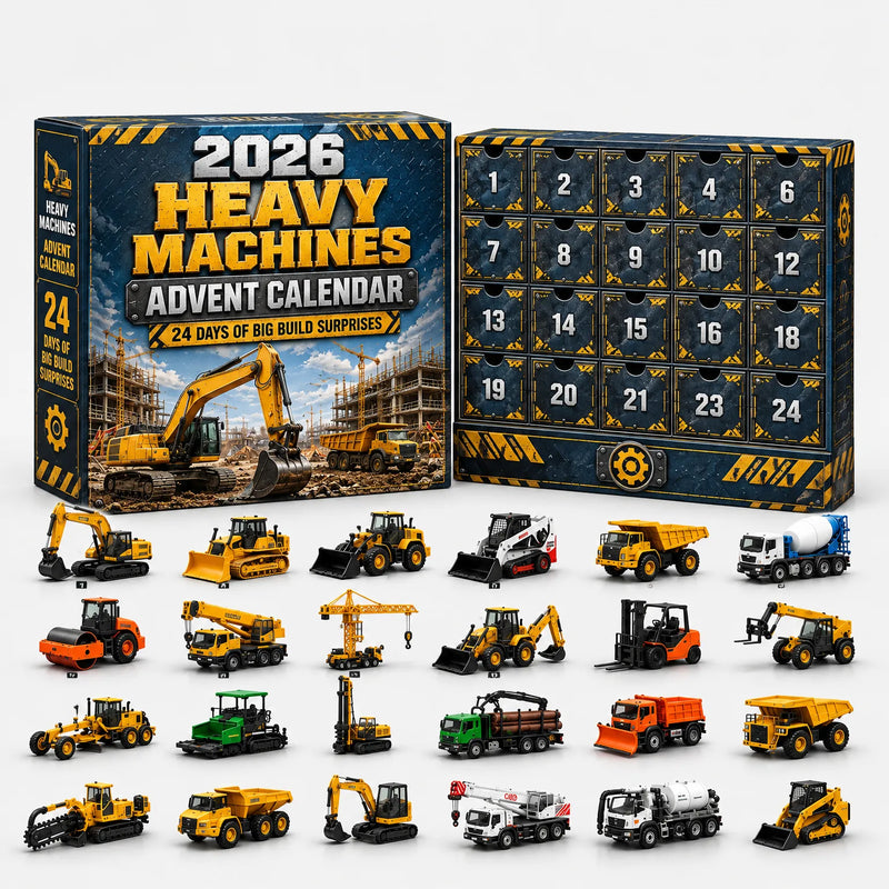 Blauwe adventskalender met gele waarschuwingsstrepen en 24 vakjes, met daaronder zware bouwvoertuigen: graafmachines, kranen, kiepwagens, betonmixers en wals. 10