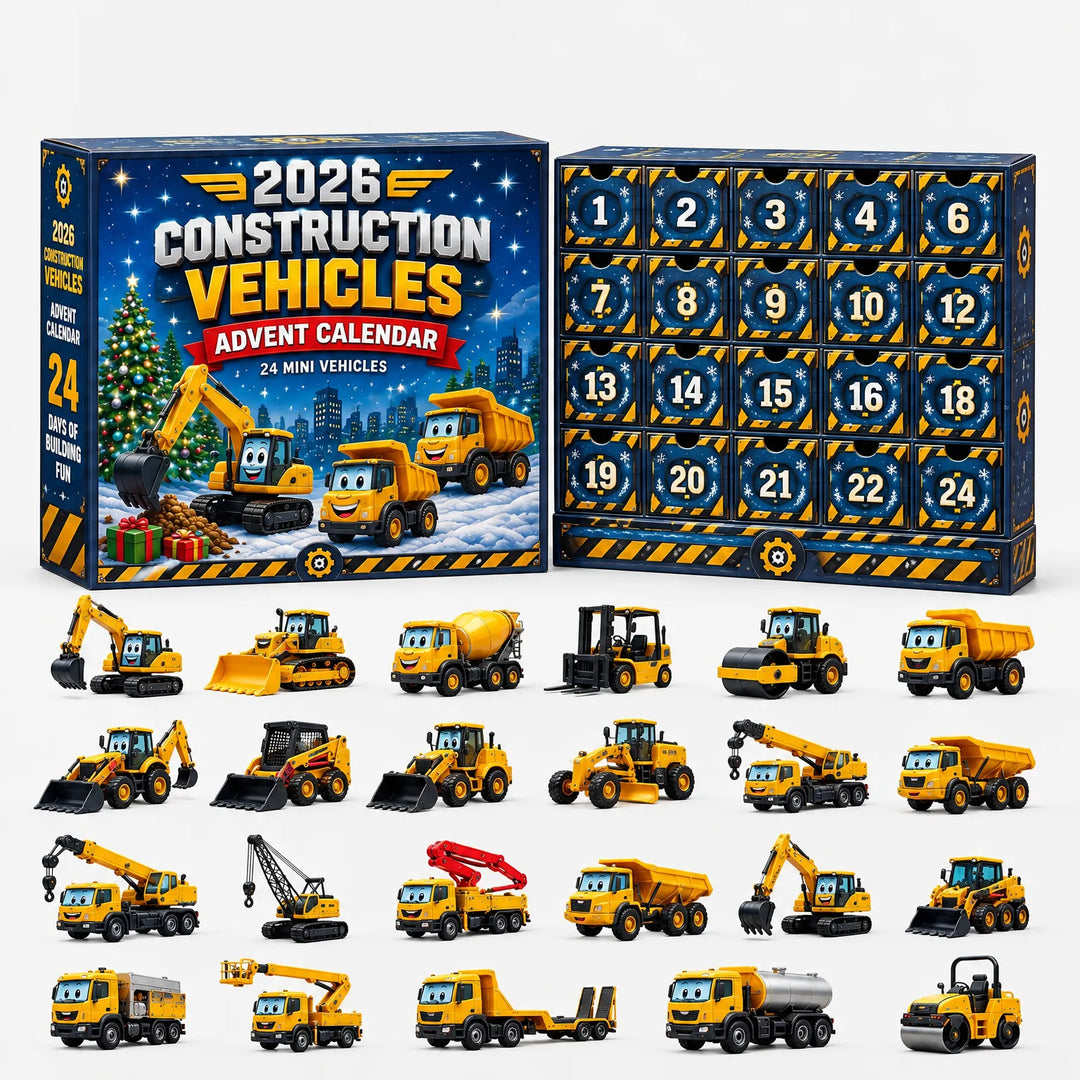 Blauwe adventskalender met bouwthema en kerstsfeer, daaronder gele miniatuurbouwvoertuigen met lachende gezichtjes, zoals kranen, kiepwagens, graafmachines en e 11