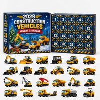 Blauwe adventskalender met bouwthema en kerstsfeer, daaronder gele miniatuurbouwvoertuigen met lachende gezichtjes, zoals kranen, kiepwagens, graafmachines en e 11
