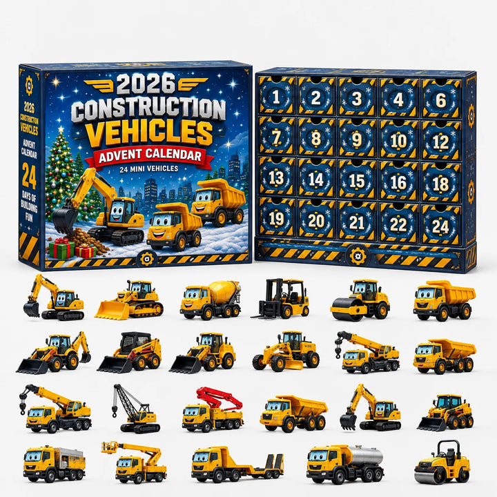 Blauwe adventskalender met bouwthema en kerstsfeer, daaronder gele miniatuurbouwvoertuigen met lachende gezichtjes, zoals kranen, kiepwagens, graafmachines en e 11