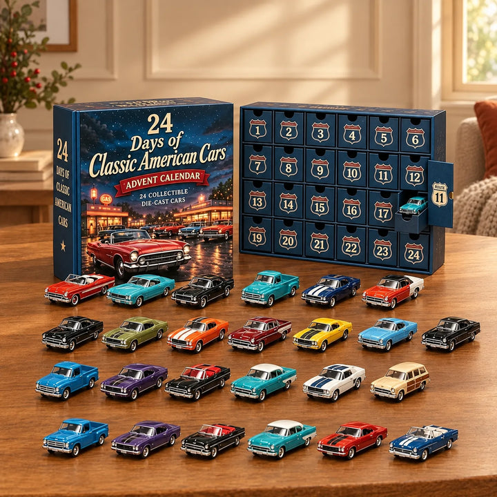 Blauwe adventskalenderdoos met klassieke Amerikaanse auto's op een houten tafel, met een geopend vakje en 24 gekleurde miniatuurauto's ervoor uitgestald. 1