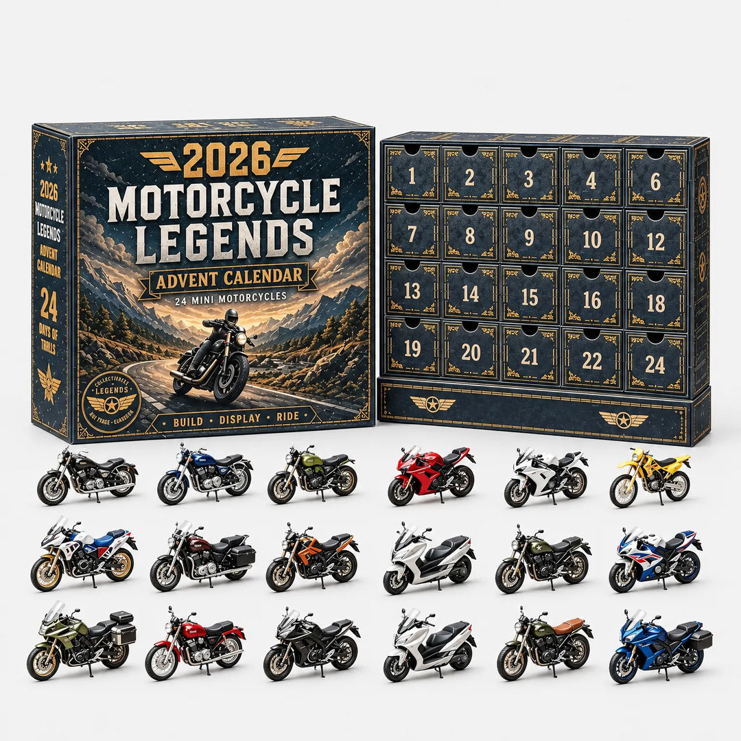 Donkere adventskalender met motorthema, dichte doos naast de kalender met 24 vakjes, daaronder 18 miniatuurmotoren in verschillende kleuren en modellen. 2