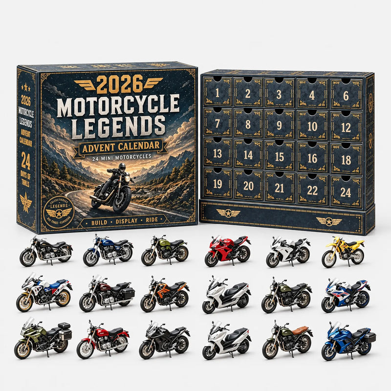 Donkere adventskalender met motorthema, dichte doos naast de kalender met 24 vakjes, daaronder 18 miniatuurmotoren in verschillende kleuren en modellen. 2
