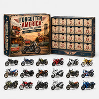 Adventskalender in retro Amerikaanse stijl met crèmekleurige vakjes, daarvoor 18 miniatuurmotoren in zwart, rood, blauw, wit, geel en groen. 4