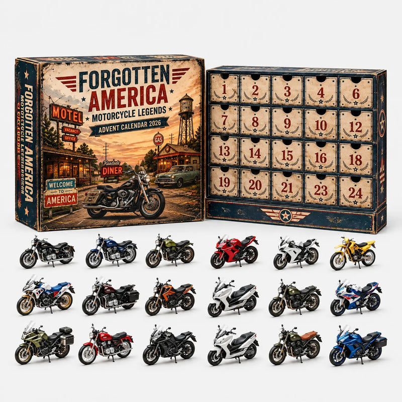 Adventskalender in retro Amerikaanse stijl met crèmekleurige vakjes, daarvoor 18 miniatuurmotoren in zwart, rood, blauw, wit, geel en groen. 4