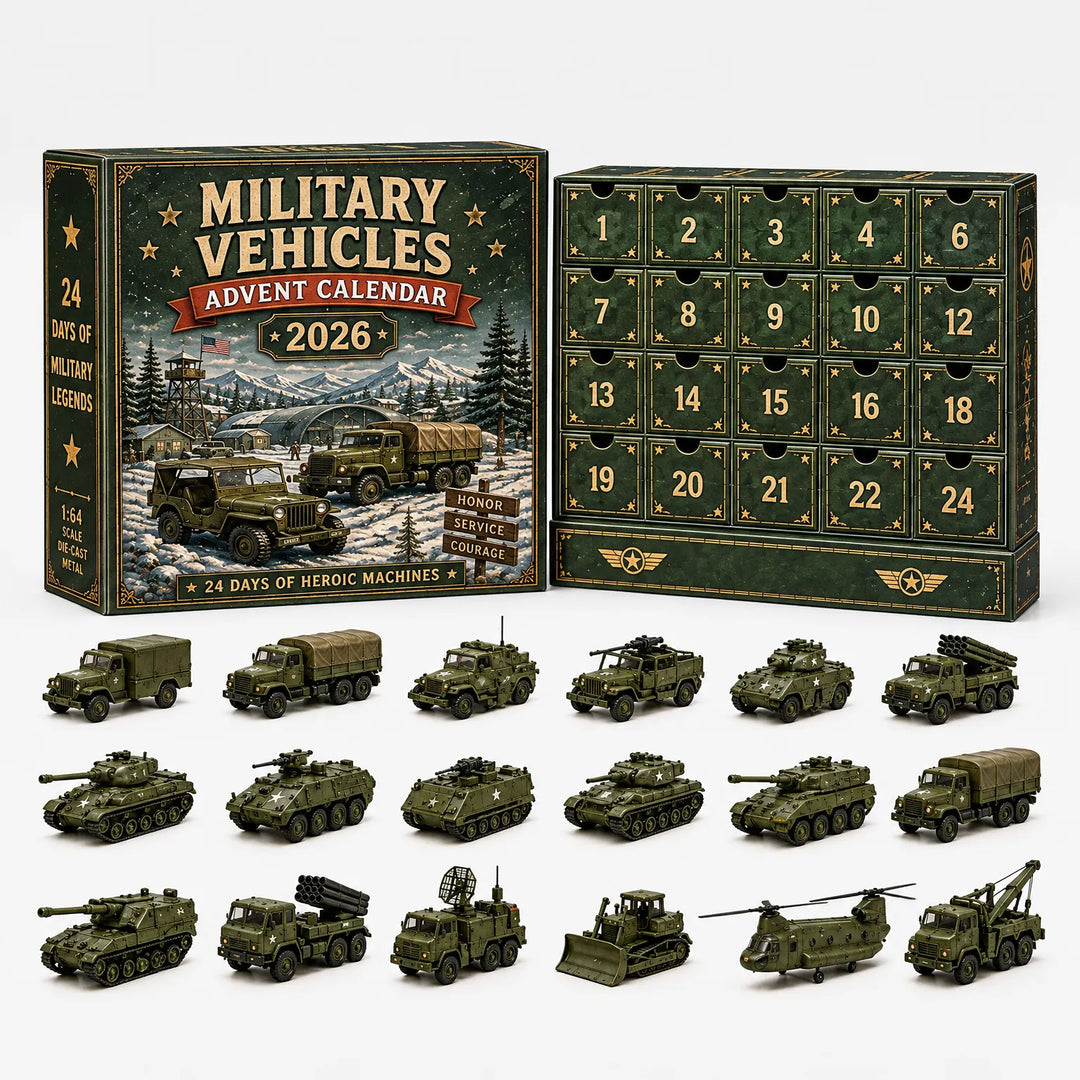 Groene adventskalender met militair thema en 24 vakjes, met daarvoor legergroene miniatuurvoertuigen: trucks, tanks, pantservoertuigen, bulldozer en helikopter. 5