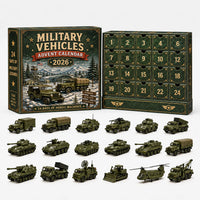 Groene adventskalender met militair thema en 24 vakjes, met daarvoor legergroene miniatuurvoertuigen: trucks, tanks, pantservoertuigen, bulldozer en helikopter. 5