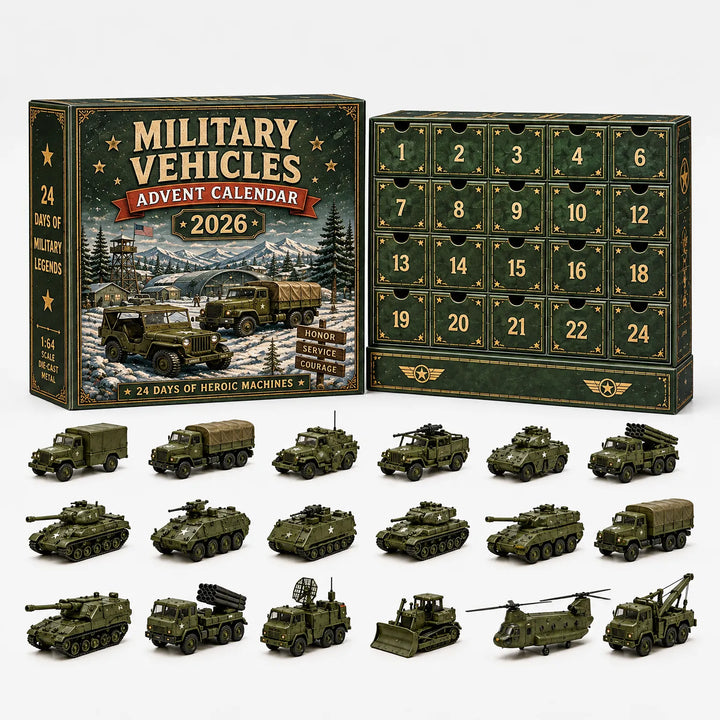 Groene adventskalender met militair thema en 24 vakjes, met daarvoor legergroene miniatuurvoertuigen: trucks, tanks, pantservoertuigen, bulldozer en helikopter. 5
