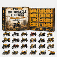 Geel-zwarte adventskalender met bouwplaatsstijl en 24 vakjes, met daaronder miniatuurmotoren in geel en zwart, een rode sportmotor en een kraantje. 6