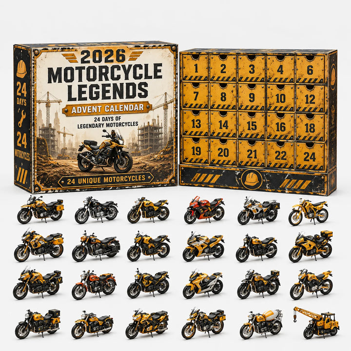Geel-zwarte adventskalender met bouwplaatsstijl en 24 vakjes, met daaronder miniatuurmotoren in geel en zwart, een rode sportmotor en een kraantje. 6