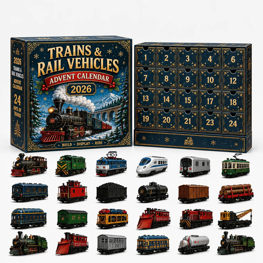 Donkerblauwe adventskalender met treinthema en 24 vakjes, met daaronder miniatuurlocomotieven, tram, metro en gekleurde goederenwagons. 7