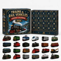 Donkerblauwe adventskalender met treinthema en 24 vakjes, met daaronder miniatuurlocomotieven, tram, metro en gekleurde goederenwagons. 7