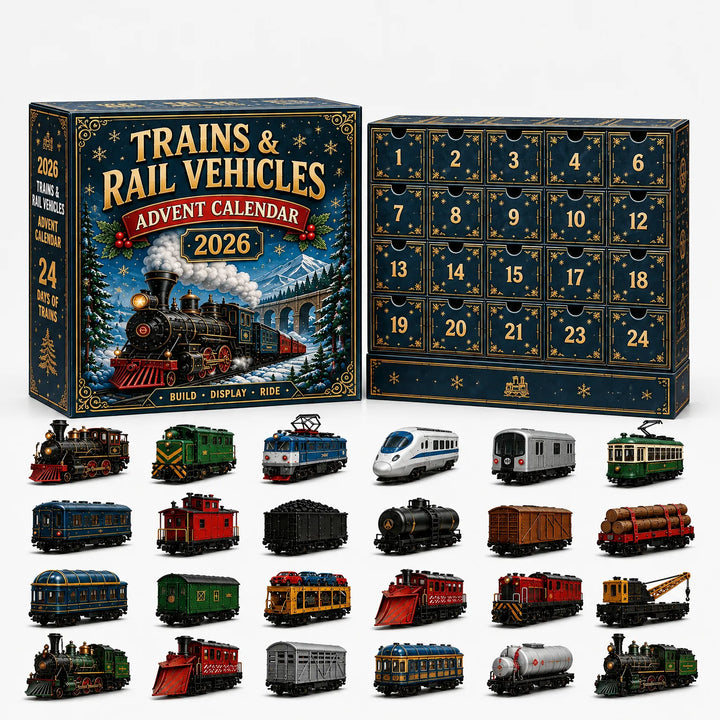 Donkerblauwe adventskalender met treinthema en 24 vakjes, met daaronder miniatuurlocomotieven, tram, metro en gekleurde goederenwagons. 7