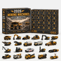 Zwart-gele adventskalender met mijnbouwthema en 24 vakjes, met daaronder gele miniatuurmachines zoals kiepwagen, graafmachines, kranen, tankwagen en heftruck. 8