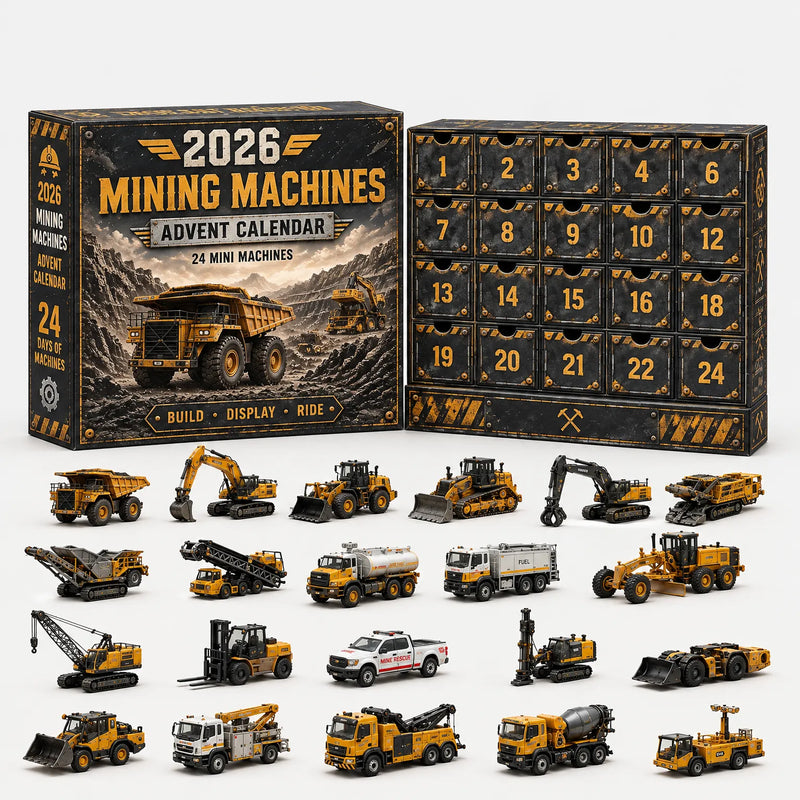 Zwart-gele adventskalender met mijnbouwthema en 24 vakjes, met daaronder gele miniatuurmachines zoals kiepwagen, graafmachines, kranen, tankwagen en heftruck. 8
