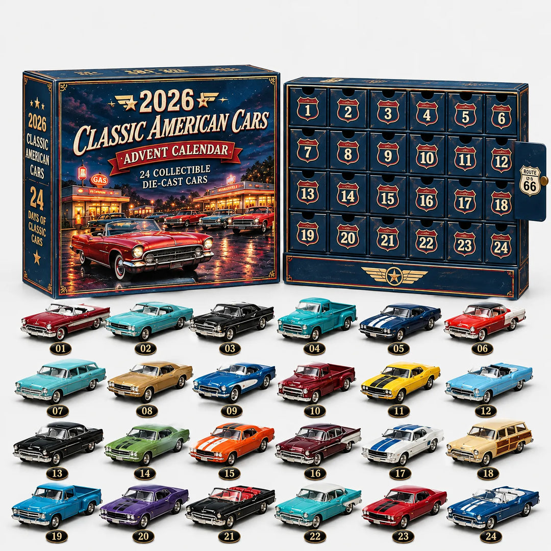 Blauwe adventskalender met klassieke auto's en geopende doos, daaronder 24 genummerde miniatuurauto's in uiteenlopende kleuren, van pick-ups tot cabrio's. 9
