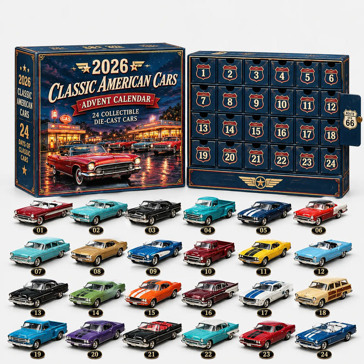 Blauwe adventskalender met klassieke auto's en geopende doos, daaronder 24 genummerde miniatuurauto's in uiteenlopende kleuren, van pick-ups tot cabrio's. 9