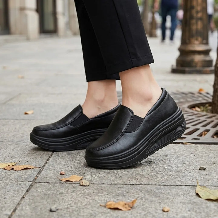 Model draagt zwarte instapschoenen met brede zool op een stoep met herfstbladeren 2