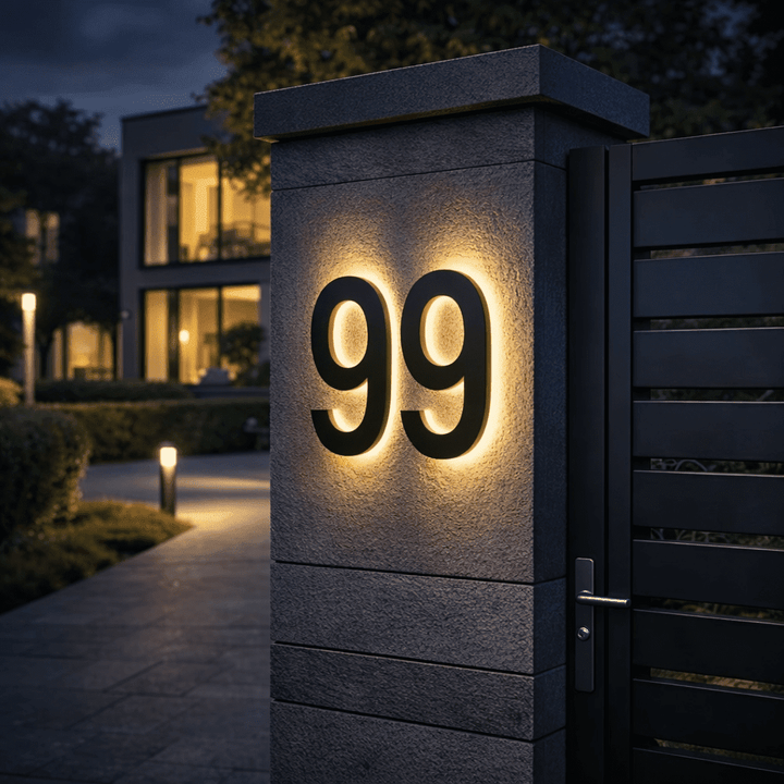Verlicht zwart huisnummer 99 op een stenen pilaar bij de poort, in een avondsfeer met een woning en tuinverlichting. 2