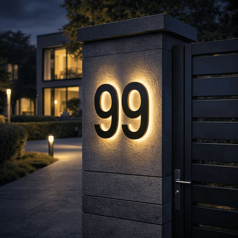 Verlicht zwart huisnummer 99 op een stenen pilaar bij de poort, in een avondsfeer met een woning en tuinverlichting. 2