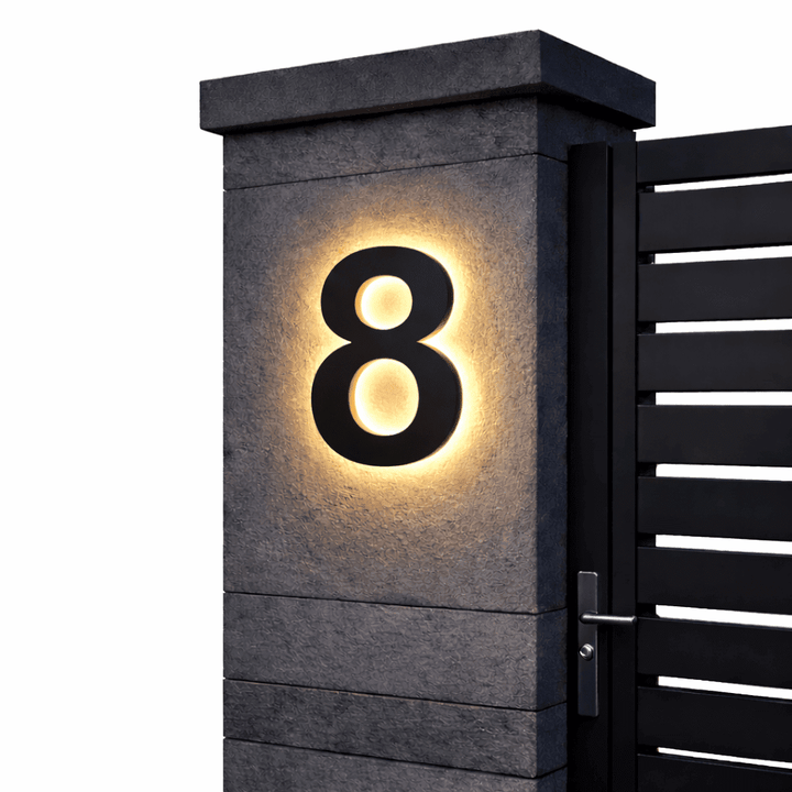 Zwart huisnummer 8 met warme achtergrondverlichting op een grijze stenen pilaar naast een zwarte poort, op witte achtergrond. 11